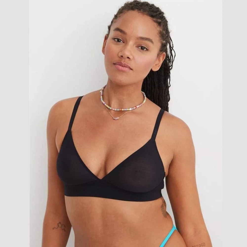 Aerie SMOOTHEZ Mesh Bralette Sz Small True Black Sheer‎ Peekaboo Lightweight NWT